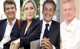 De g. à dr. Arnaud Montebourg, Marine Le Pen, Nicolas Sarkozy, Bruno Le Maire. Photomontage.