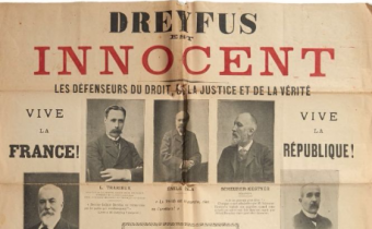 Placard imprimé illustré de 11 photographies intitulé: "Dreyfus est innocent", les défenseurs du droit, de la justice et de la vérité.