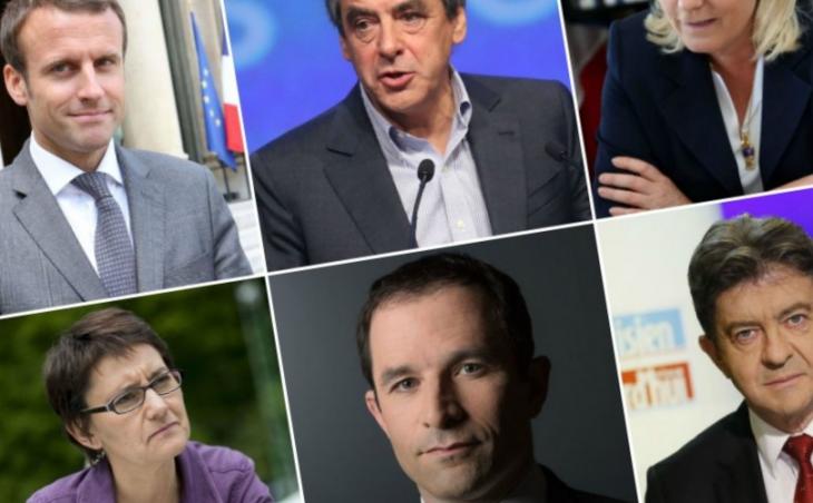 Emmanuel Macron, François Fillon, Marine Le Pen, Jean-Luc Mélenchon, Benoît Hamon et Nathalie Arthaud. Photomontage.