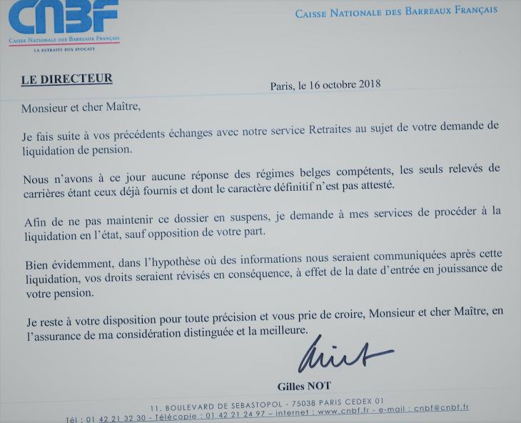 Lettre de la CNBF à un polypensionné, 16 oct. 2016.