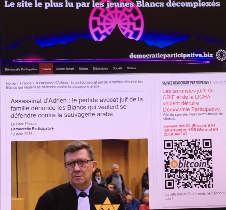Assassinat d'Adrien : Le perfide avocat juif, Democratieparticipative.biz, 12 août 2018. Capture d'écran.