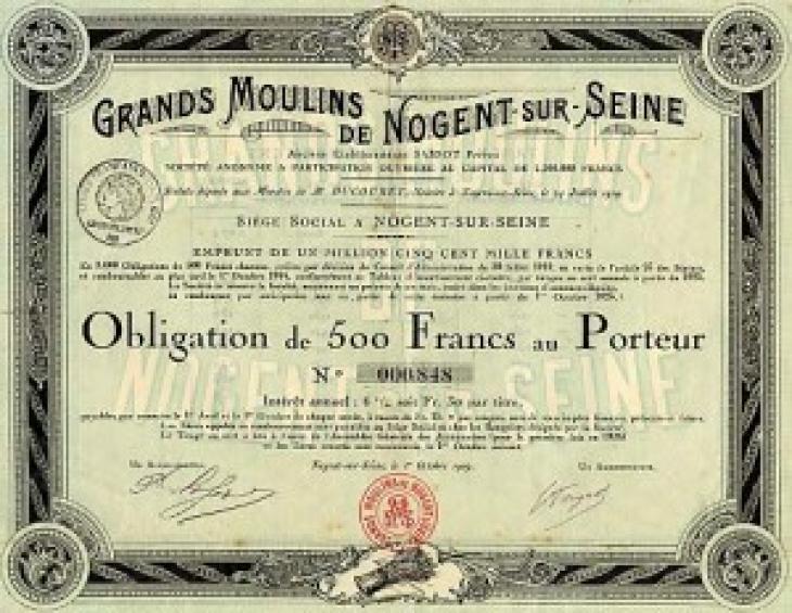 Une obligation de 500 francs des Grands Moulins de Nogent-sur-Marne.